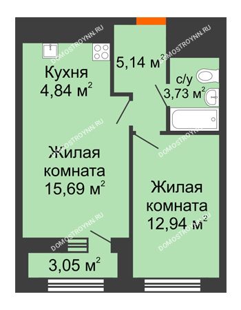 1 комнатная квартира 43,87 м² в ЖК Дом на Набережной, дом № 1