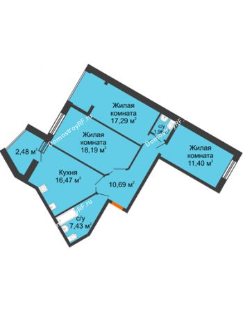 3 комнатная квартира 85,91 м² в ЖК Бунина парк, дом 3 этап, блок-секция 3 С