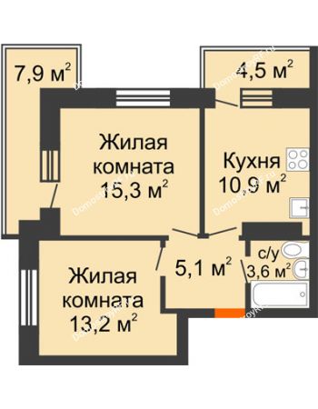 2 комнатная квартира 51,8 м² в ЖК Отражение, дом Литер 2.1