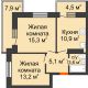 2 комнатная квартира 51,8 м² в ЖК Отражение, дом Литер 2.1 - планировка