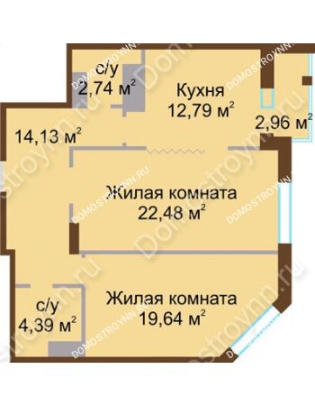2 комнатная квартира 76,17 м² в ЖК Высоково, дом № 2