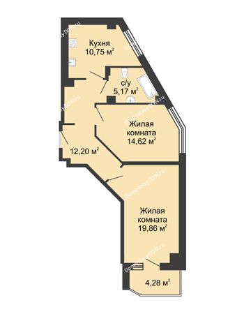 2 комнатная квартира 64,74 м² в ЖК Мега, дом № 116, секция 1