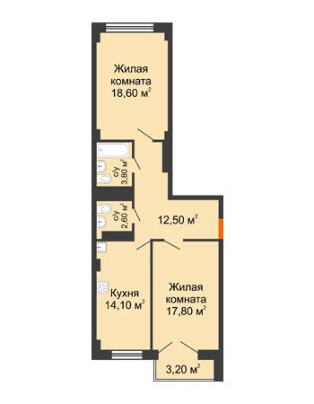 2 комнатная квартира 72,3 м² - ЖК Гагарин