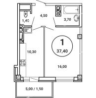 1 комнатная квартира 37,4 м² в ЖК Лебедь, дом № 50 - планировка