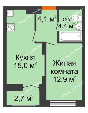 1 комнатная квартира 37,75 м² в ЖК Заречье, дом № 1, секция 2
