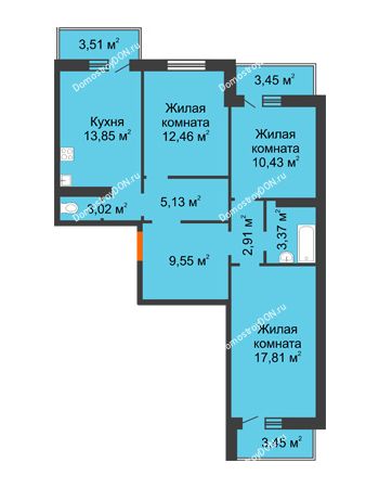 3 комнатная квартира 83,72 м² в ЖК Платовский, дом Литер 4