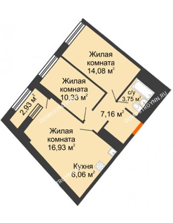 2 комнатная квартира 59,78 м² в ЖК Дом на Набережной, дом № 1