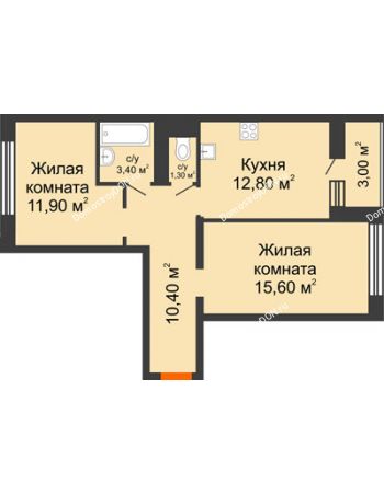 2 комнатная квартира 56,9 м² в ЖК 5 Элемент (Пятый Элемент), дом Корпус 5-7 (Монолит)
