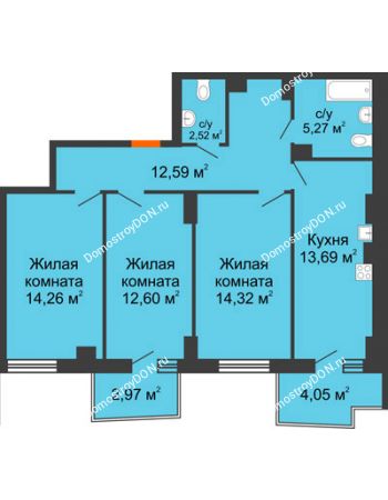 3 комнатная квартира 77,36 м² в ЖК Сердце Ростова 2, дом Литер 8