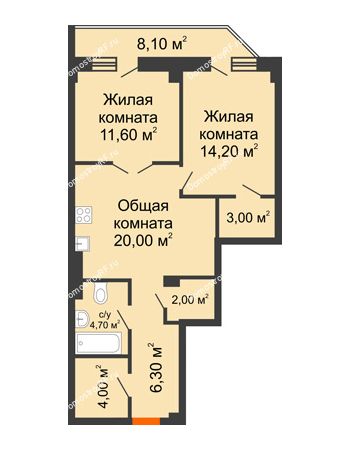 2 комнатная квартира 73,4 м² в ЖК Архиерейская роща, дом № 54б