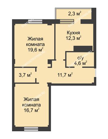 2 комнатная квартира 70,9 м² в ЖК На Победной, дом № 3