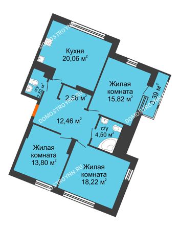 3 комнатная квартира 93,55 м² в ЖК Книги, дом № 2
