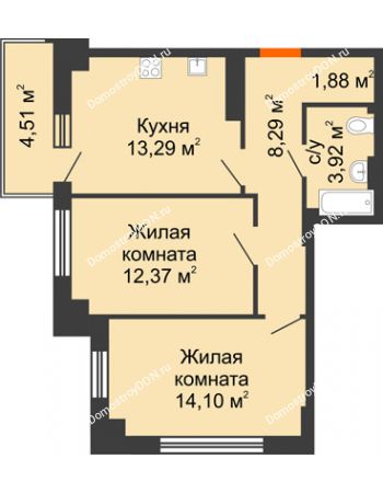 2 комнатная квартира 55,2 м² в ЖК Аврора, дом № 3