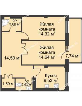 2 комнатная квартира 66,7 м² в ЖК Премиум, дом №1