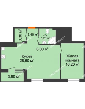 1 комнатная квартира 64,6 м² в ЖК Корица, дом № 1