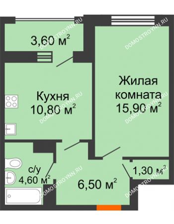 1 комнатная квартира 40,6 м² - ЖД по ул. Радио