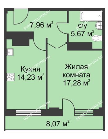 1 комнатная квартира 49,17 м² - ЖК На Ошарской