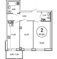 2 комнатная квартира 57,5 м² в ЖК Лебедь, дом № 50 - планировка