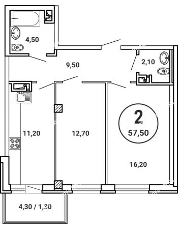 2 комнатная квартира 57,5 м² в ЖК Лебедь, дом № 50