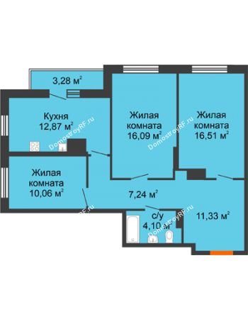 3 комнатная квартира 81,48 м² в ЖК Рассвет, дом № 10