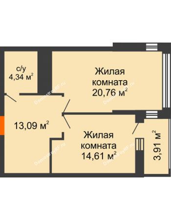2 комнатная квартира 54,75 м² в ЖК Столичный, дом корпус А, блок-секция 1,2,3