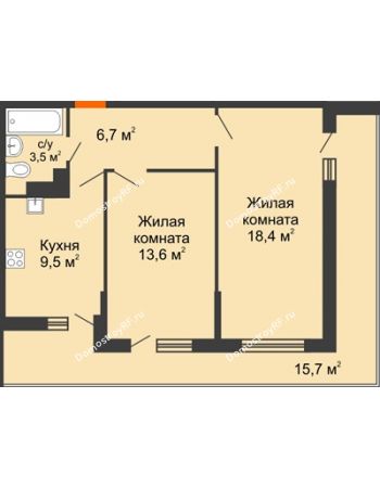 2 комнатная квартира 58,7 м² в ЖК Акварели-2, дом Литер 4