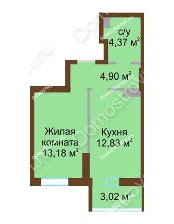 1 комнатная квартира 38,3 м² в ЖК Красная поляна, дом № 8