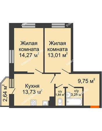 2 комнатная квартира 56,6 м² в ЖК Академический, дом № 15