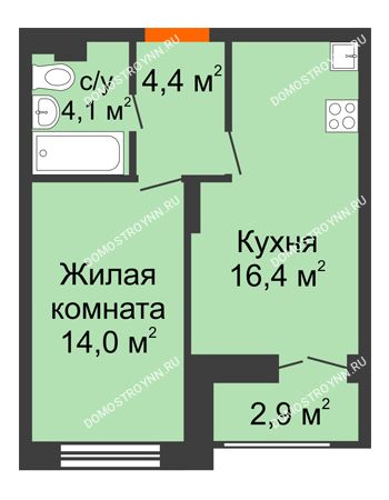 1 комнатная квартира 40,35 м² в ЖК Заречье, дом № 1, секция 1