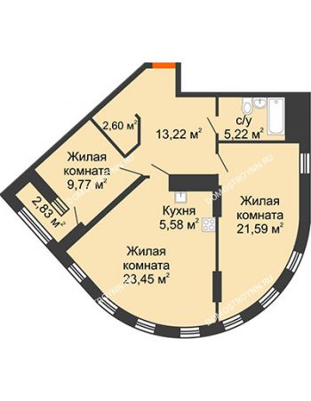 2 комнатная квартира 82,85 м² в ЖК Дом на Набережной, дом № 1