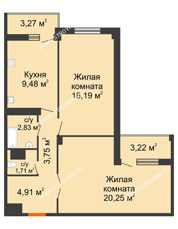 2 комнатная квартира 62,37 м² - ЖД по ул. Матросова (Арзамас)