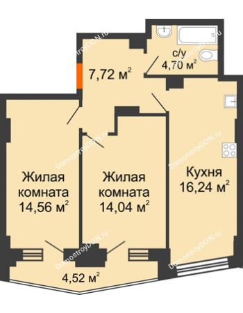 2 комнатная квартира 59,17 м² в ЖК Рубин, дом Литер 3