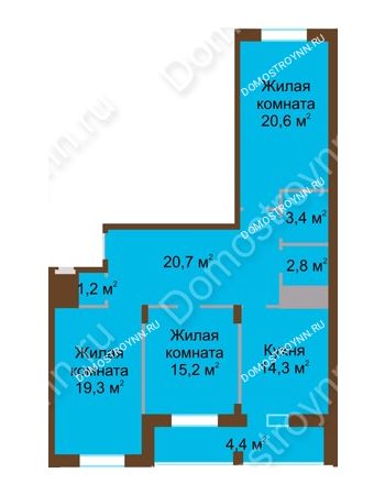 3 комнатная квартира 101,9 м² в ЖК Монолит, дом № 89, корп. 1, 2