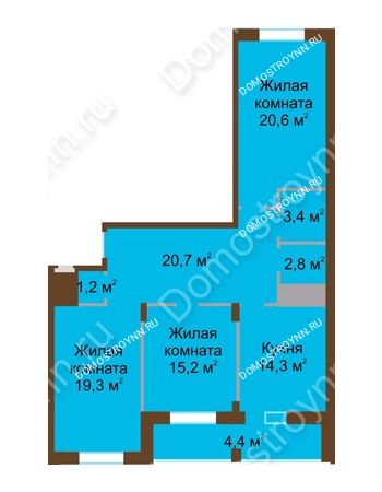 3 комнатная квартира 101,9 м² в ЖК Монолит, дом № 89, корп. 1, 2