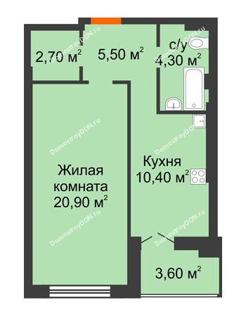 1 комнатная квартира 47,4 м² в ЖК Парк Островского 2, дом № 1