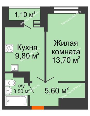 1 комнатная квартира 33,7 м² в ЖК SkyPark (Скайпарк), дом Литер 1, корпус 1, 2 этап