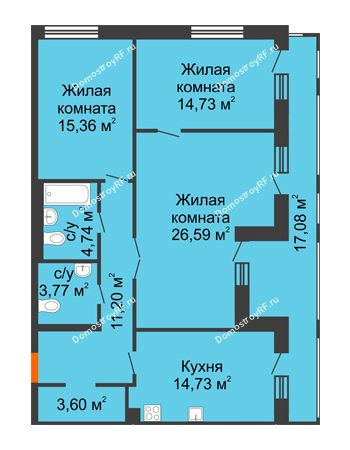3 комнатная квартира 103,2 м² в ЖК Бунин, дом 1 этап, секции 11,12,13,14