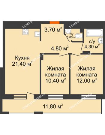 2 комнатная квартира 64,3 м² в ЖК Корица, дом № 1