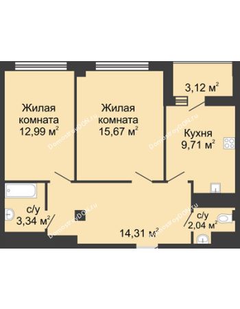 2 комнатная квартира 60,52 м² в  ЖК РИИЖТский Уют, дом Секция 1-2