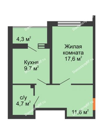 1 комнатная квартира 45,8 м² - ЖД На Комсомольском