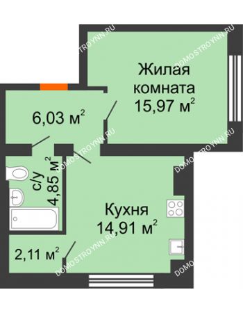 1 комнатная квартира 43,87 м² - Клубный дом На Коммунистической