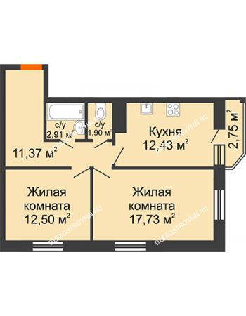 2 комнатная квартира 59,7 м² в ЖК Академический, дом № 15