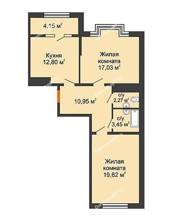 2 комнатная квартира 68,2 м² в ЖК Сердце, дом № 1