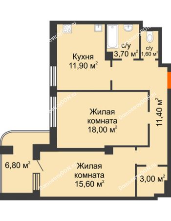 2 комнатная квартира 72,2 м² в ЖК Парк Островского 2, дом № 1