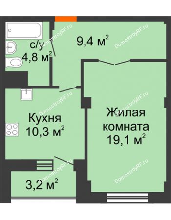 1 комнатная квартира 45,2 м² - ЖК Вершина