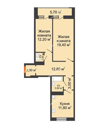 2 комнатная квартира 69,8 м² в ЖК Восточный парк, дом Литер 3