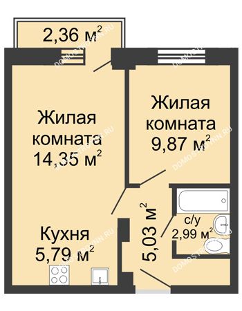 2 комнатная квартира 38,73 м² - ЖК Каскад на Волжской