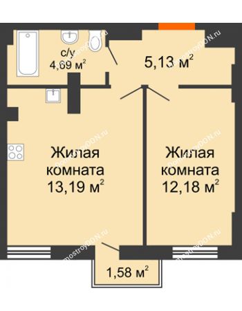 2 комнатная квартира 40,67 м² - ЖК West Side (Вест Сайд)