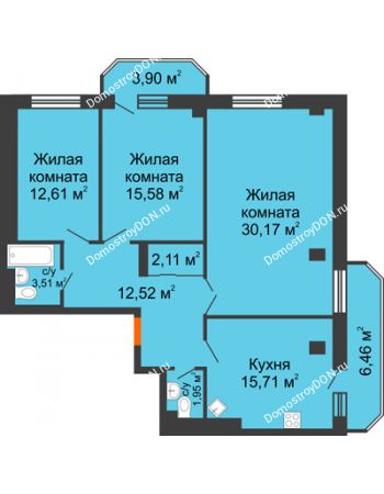 3 комнатная квартира 104,52 м² в ЖК Горизонт, дом № 2