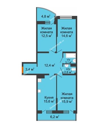 3 комнатная квартира 85,6 м² в ЖК Самолет, дом 4 очередь - Литер 22